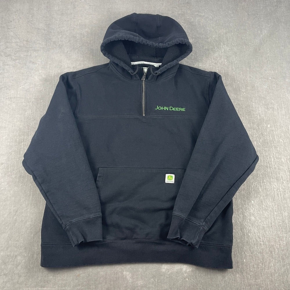 John Deere Mens Large L Black Hoodie Quarter Zip Fleece Lined Logo Sweatshirt